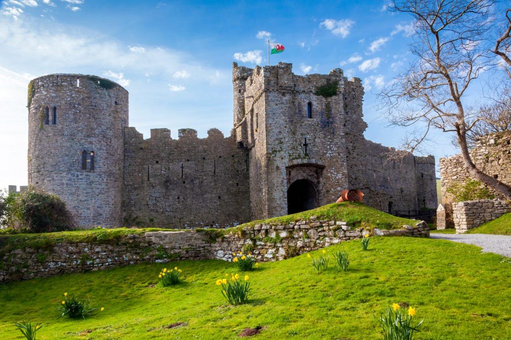 Manorbier Castle overlooking the coast, a well-preserved Norman castle in West Wales